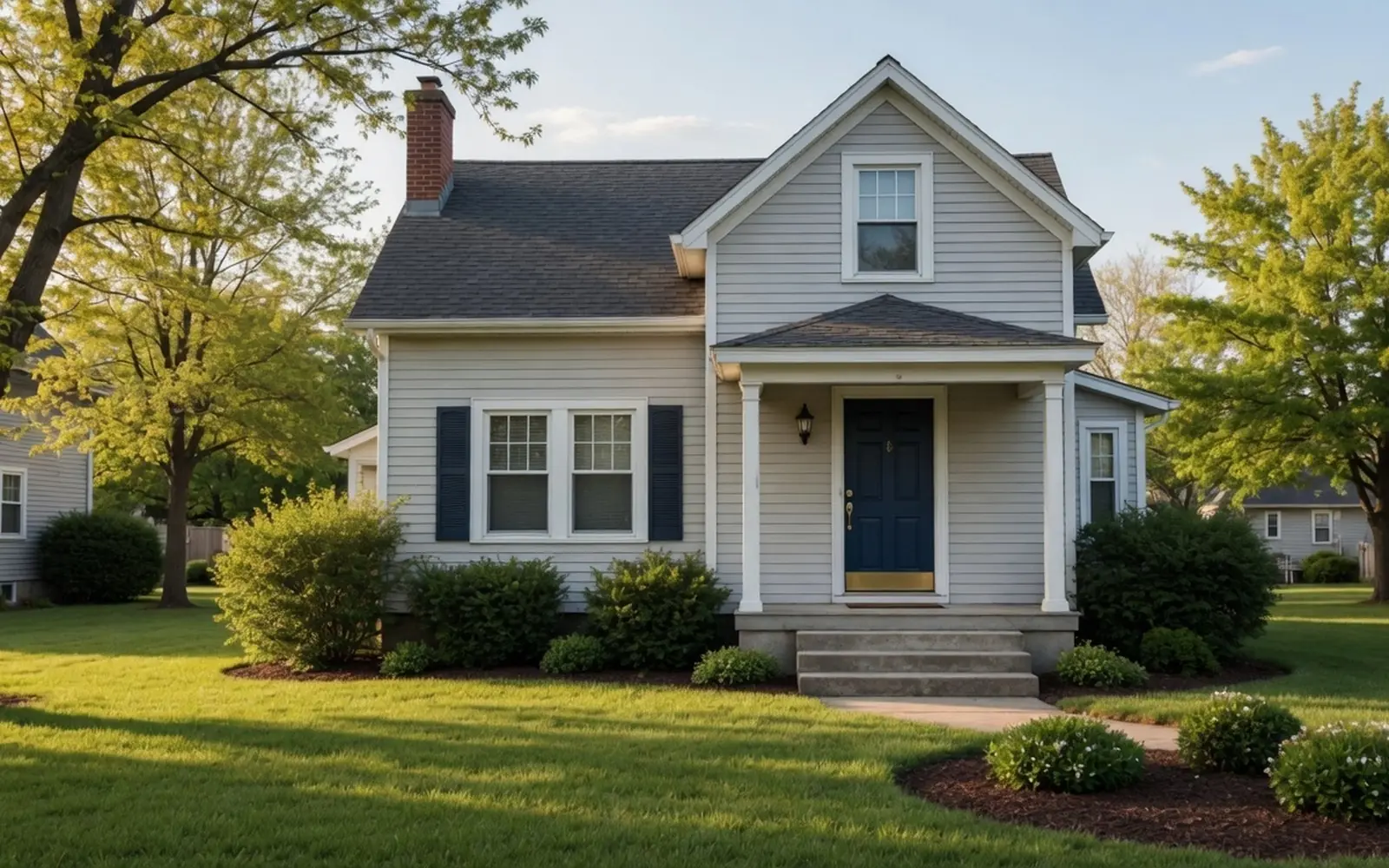 Modest two-story home exterior in warm light, navy door, solid and secure feel
