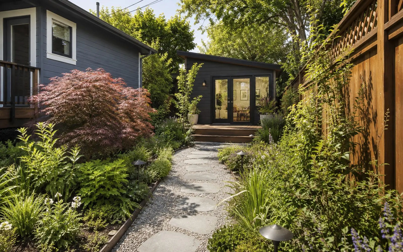 A small detached backyard office building with a glass door and a window, sited on a deck at the end of a garden path behind a house.