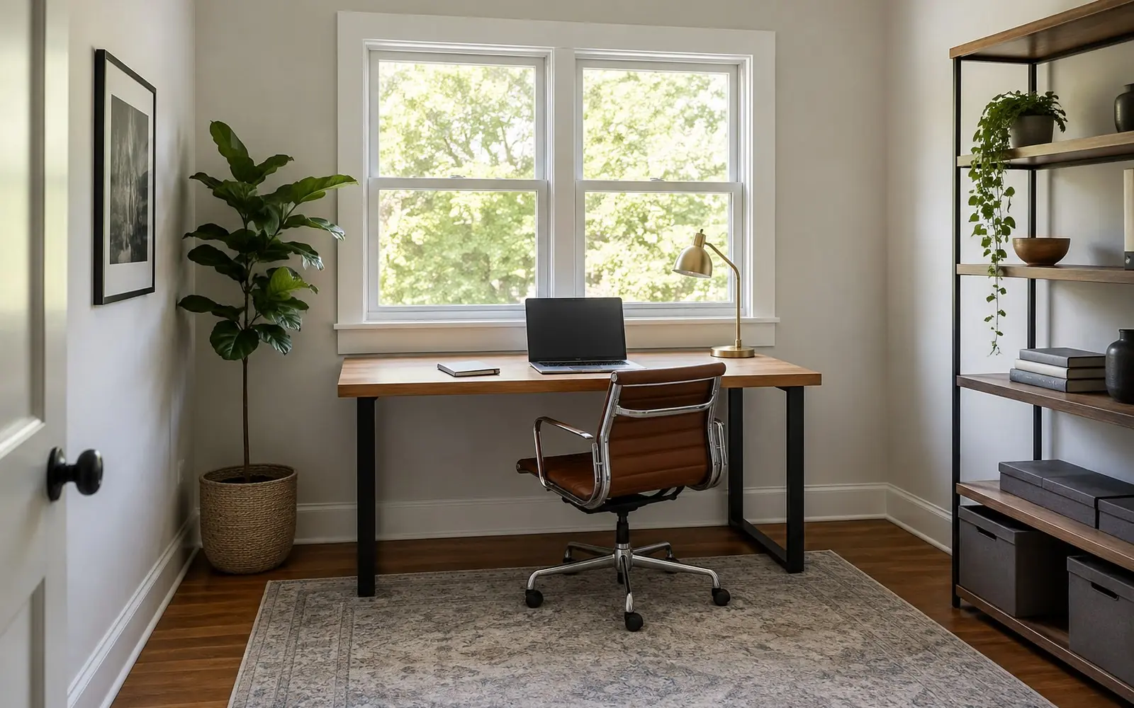 A rectangular home office desk against a wall below a window, with a laptop, a lamp and a notebook on it, and a task chair pushed in.