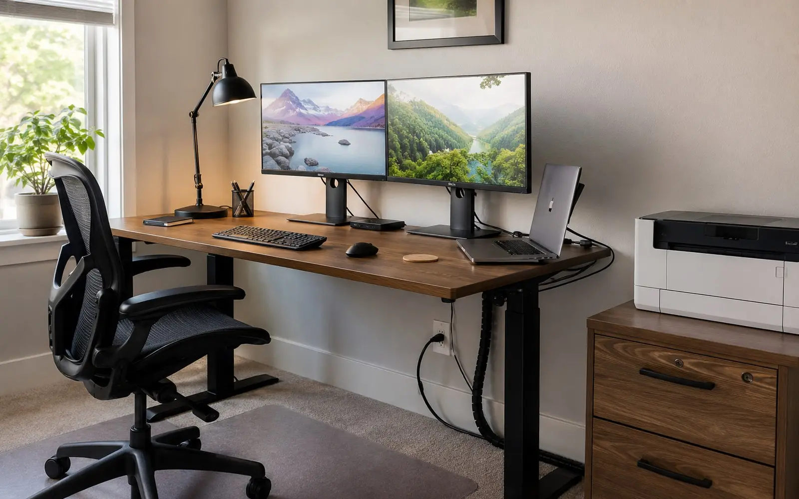 A home office work surface with two monitors, a laptop dock, a desk lamp and a printer on a low cabinet nearby, with cables routed to a wall outlet.