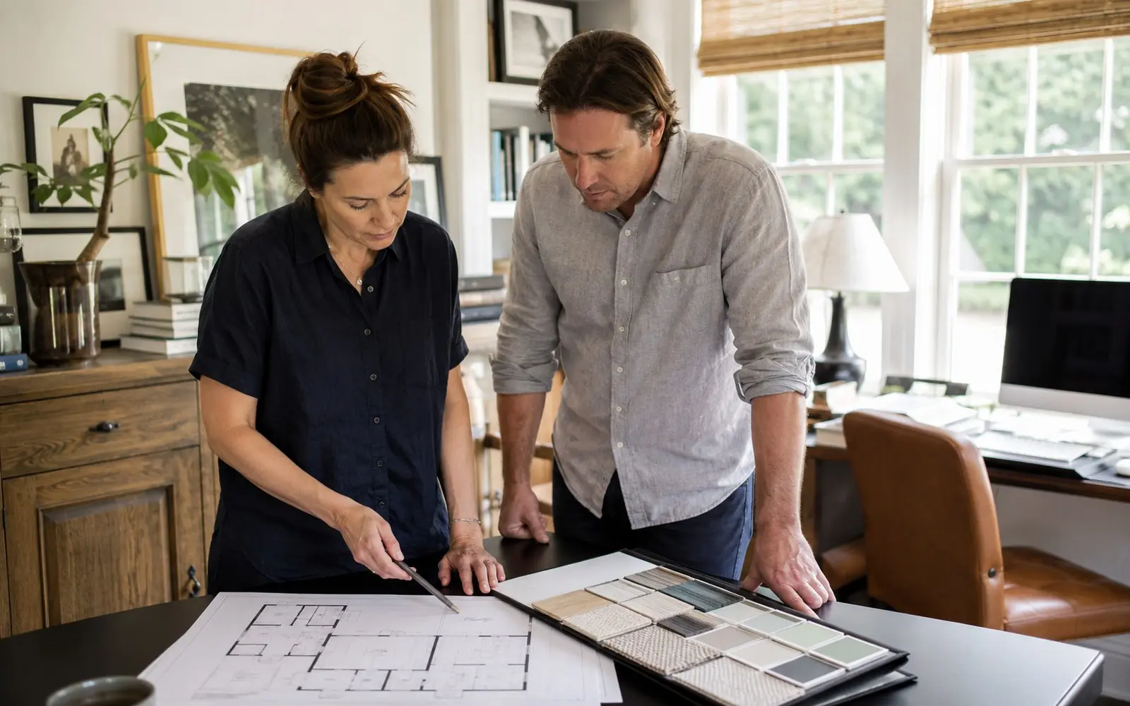 A designer and a homeowner standing at a desk in a home office, looking at a printed floor plan and a folder of material samples.