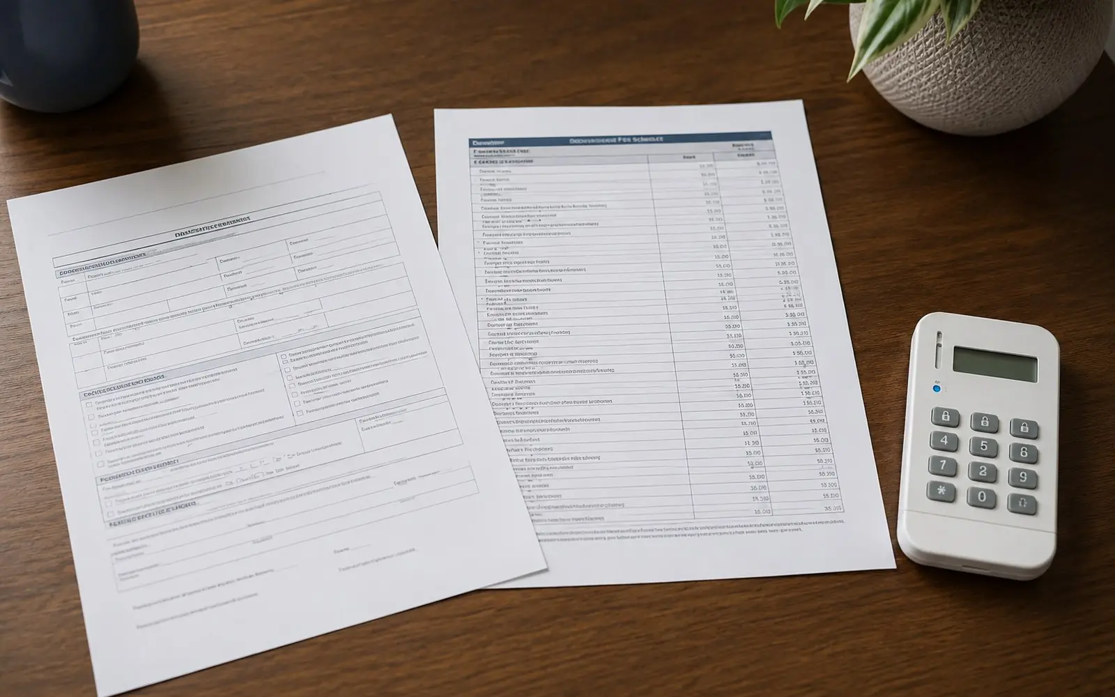 A city alarm permit form on a desk beside a police department fee schedule and a keypad remote.