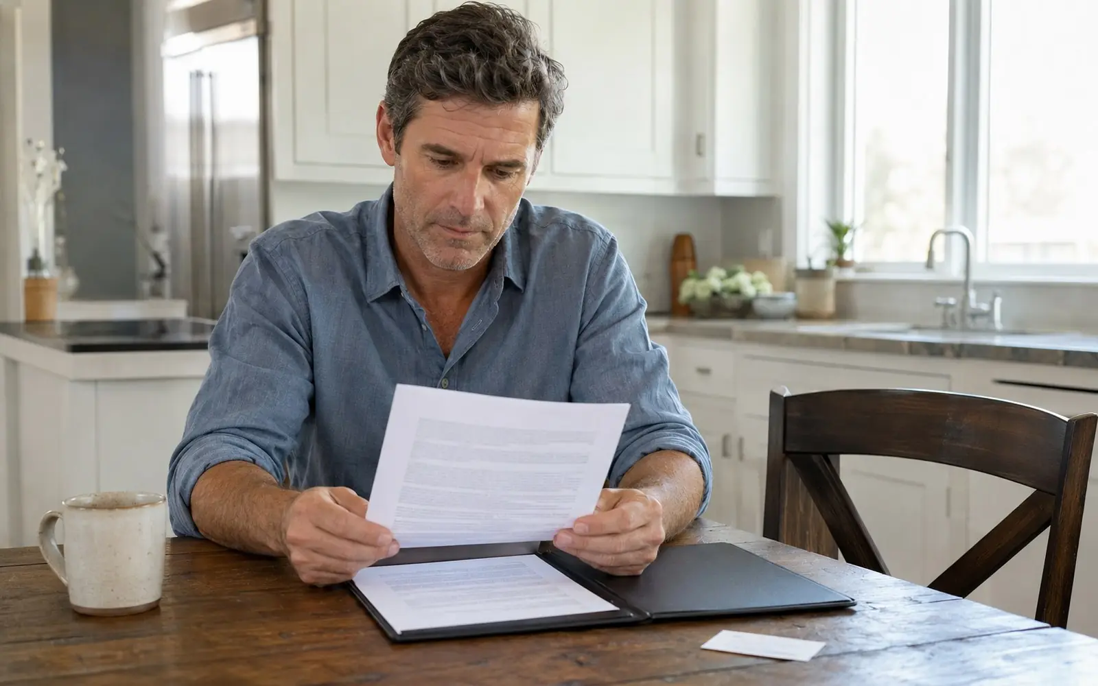 A homeowner reading a printed contract at a kitchen table, with a salesperson's folder and a business card beside it.