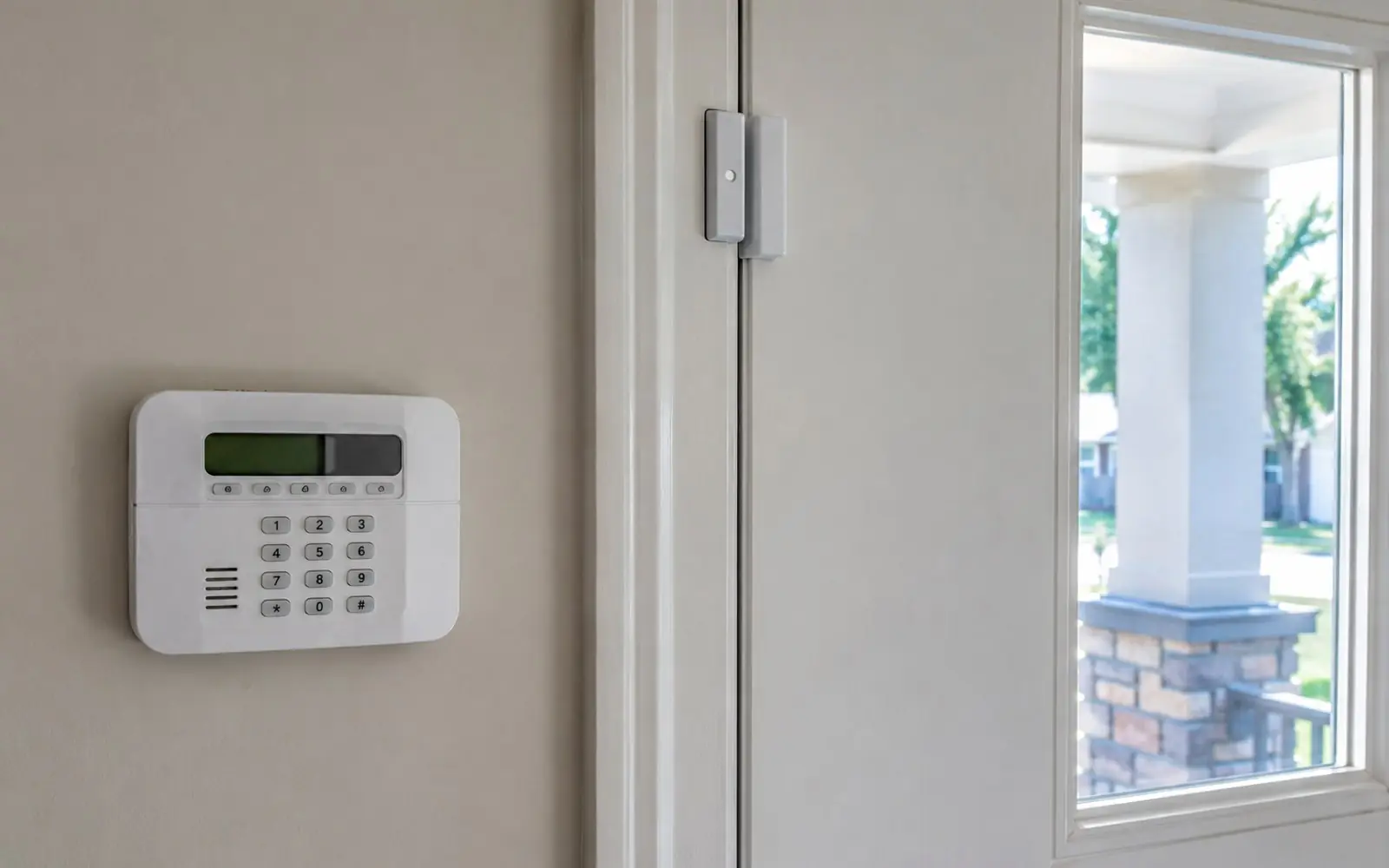 An alarm control panel keypad mounted beside a front door, with a door contact sensor visible on the frame above.