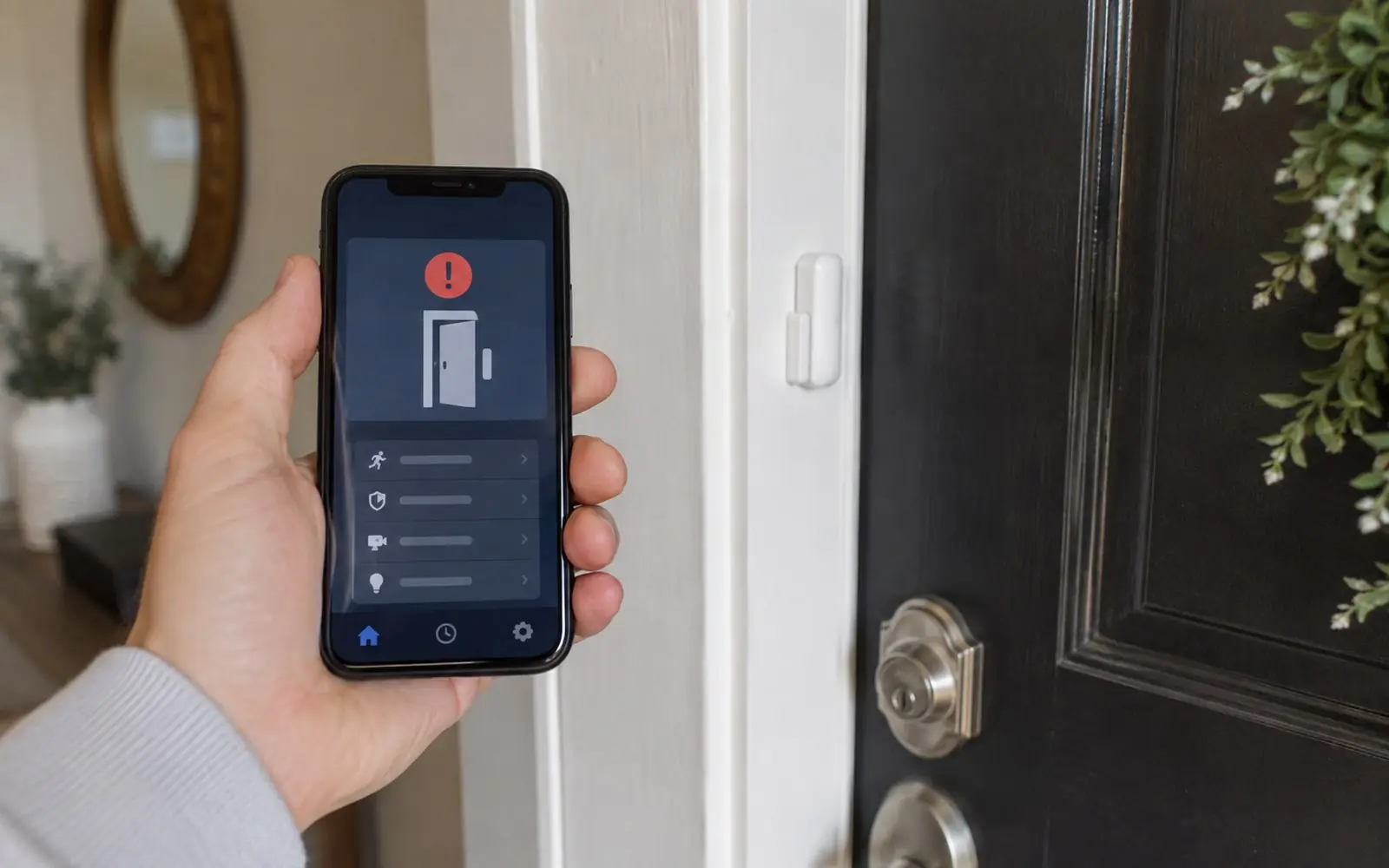 A phone screen showing a home security app alert, held in front of a front door with a sensor on the frame.