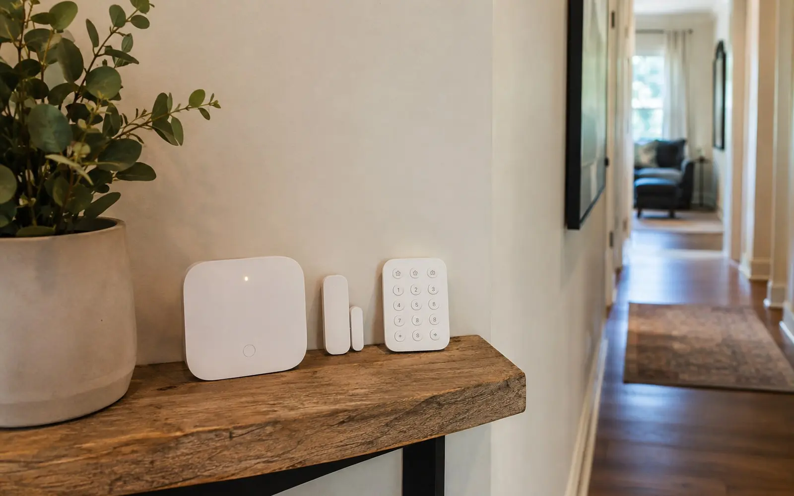 A small wireless alarm hub on a hallway shelf next to a battery-powered door sensor and a keypad.