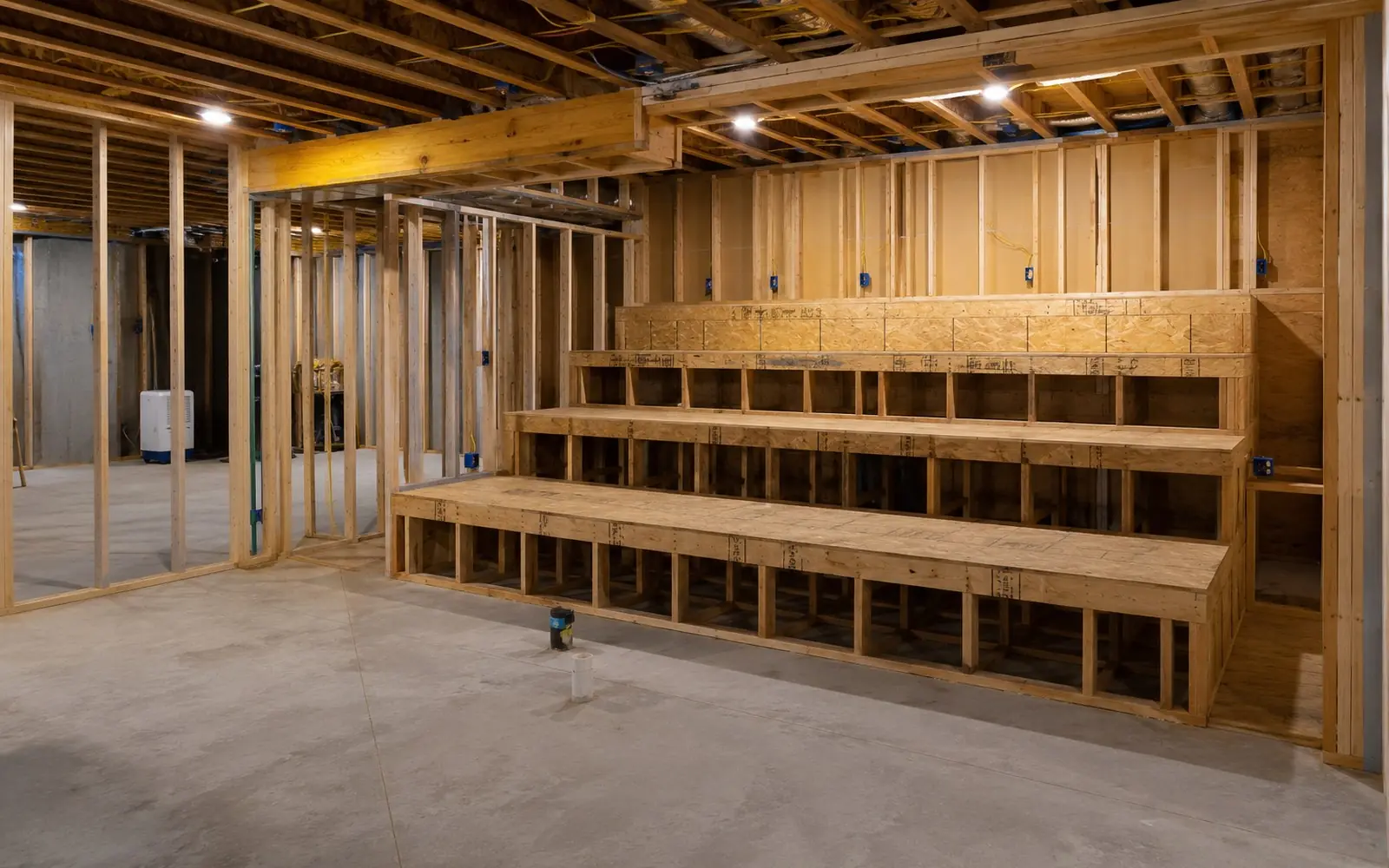 A partly framed basement room with open stud walls, a stepped seating riser, and electrical boxes roughed in before drywall.