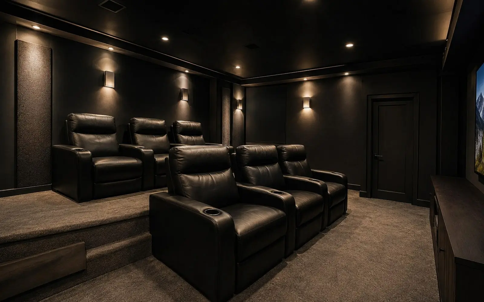 Two rows of black reclining theater chairs with cup holders, the back row raised on a carpeted riser step.
