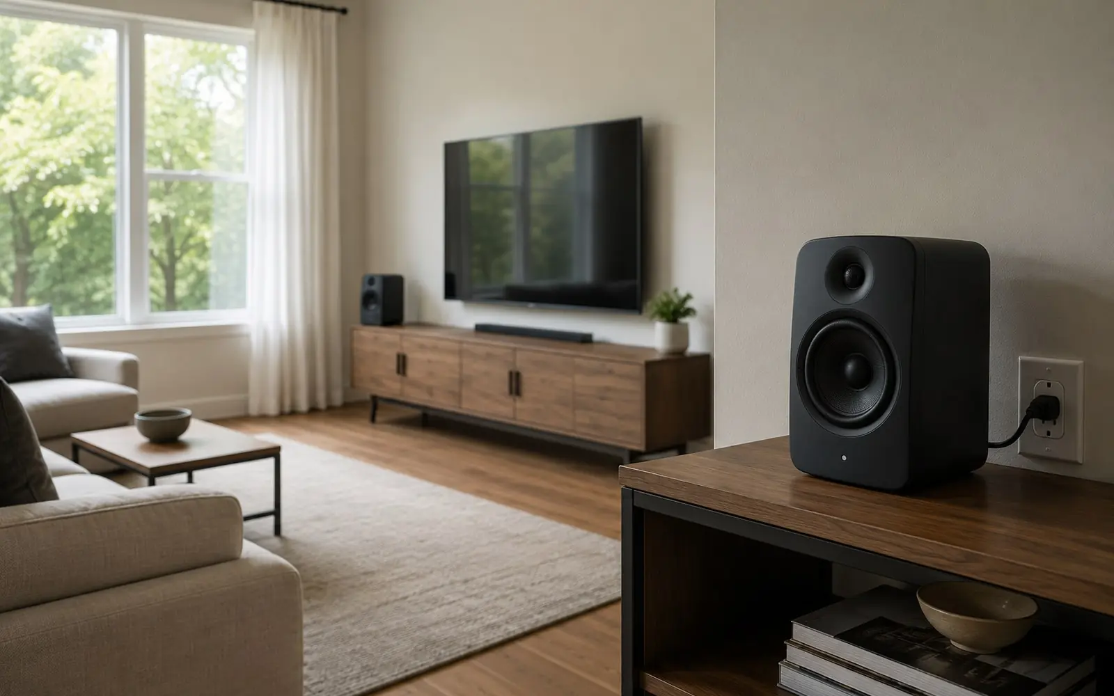 A compact powered speaker on a shelf beside a wall outlet, with a television and a second matching speaker across the room.