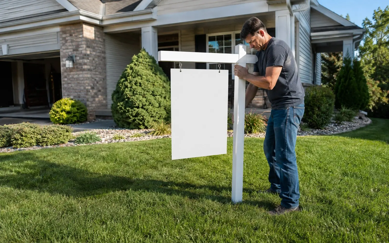 A homeowner planting a plain for sale by owner sign in the front lawn of a suburban house on a clear morning.