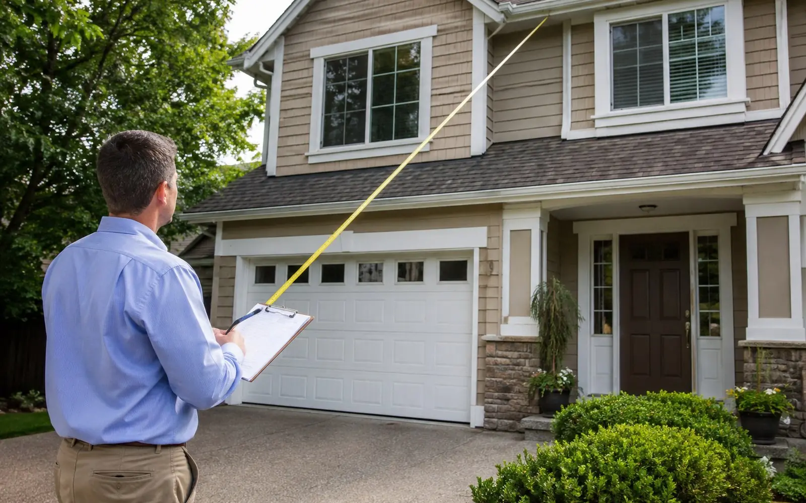 An appraiser standing in the driveway of a two-story house with a clipboard and laser measure, noting the exterior dimensions.