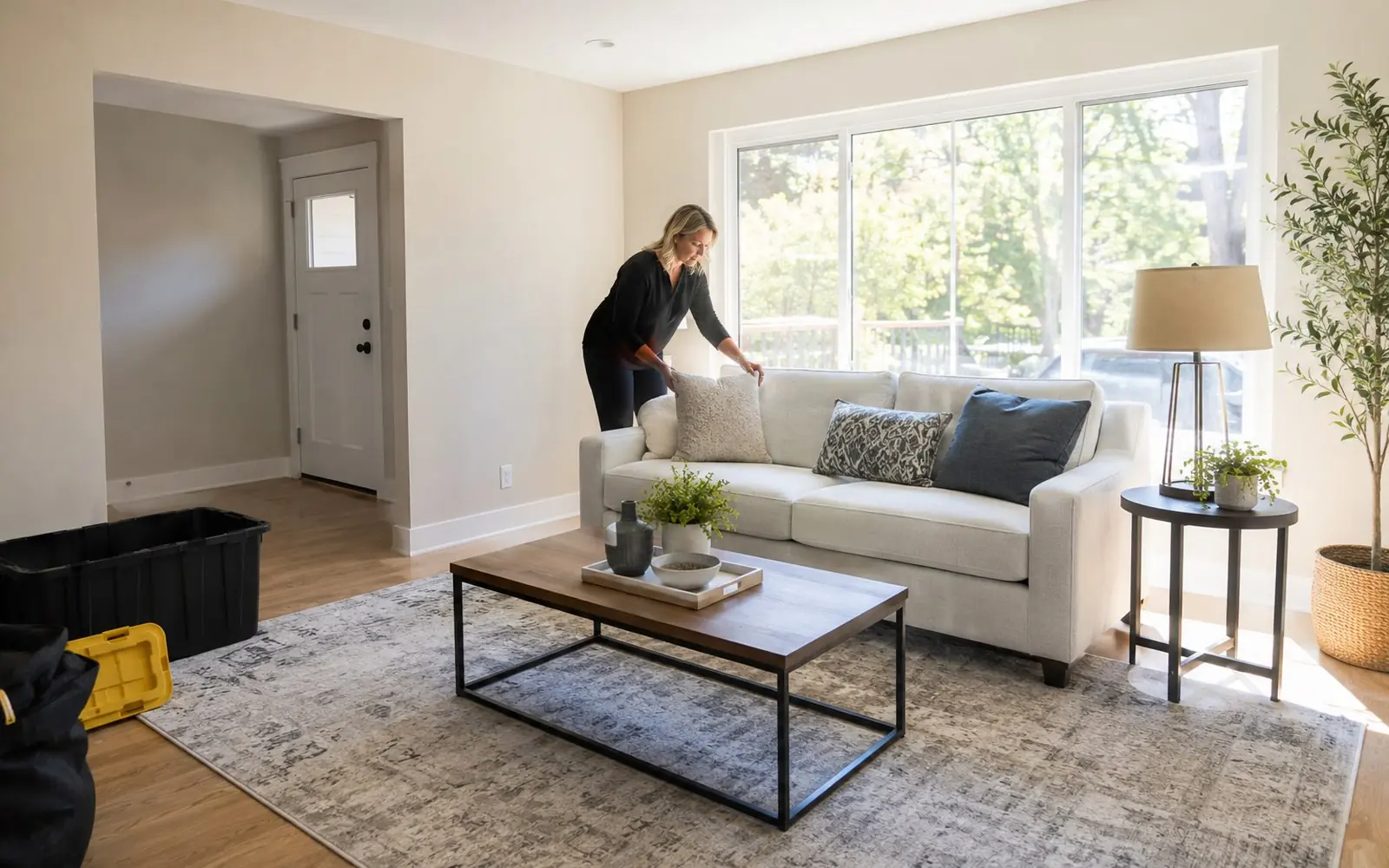 An empty living room being staged, with a rented sofa, rug and lamp in place and a stager adjusting cushions near a bright window.