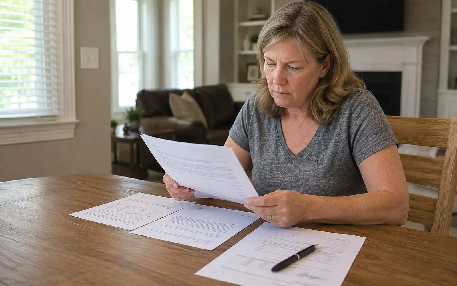 A seller reading a multi-page listing agreement at a dining table, with a pen resting on the signature page.
