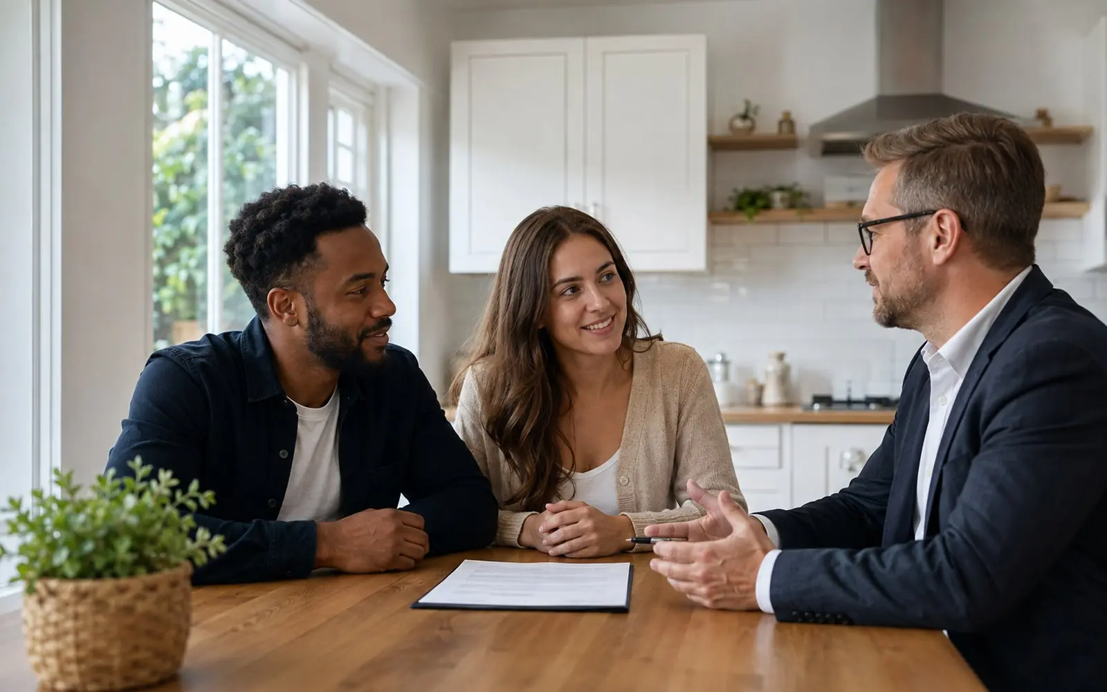 A buyer and a seller seated at a kitchen table opposite a real estate agent, with a printed agreement and a pen on the table between them.