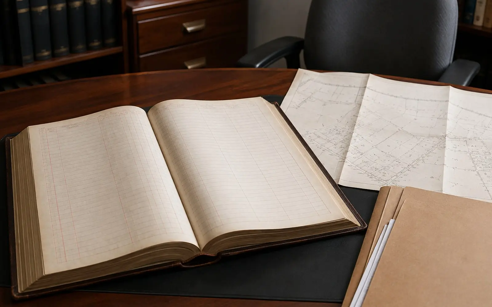 A county deed record book open on a desk beside a property survey map and a closing file folder.