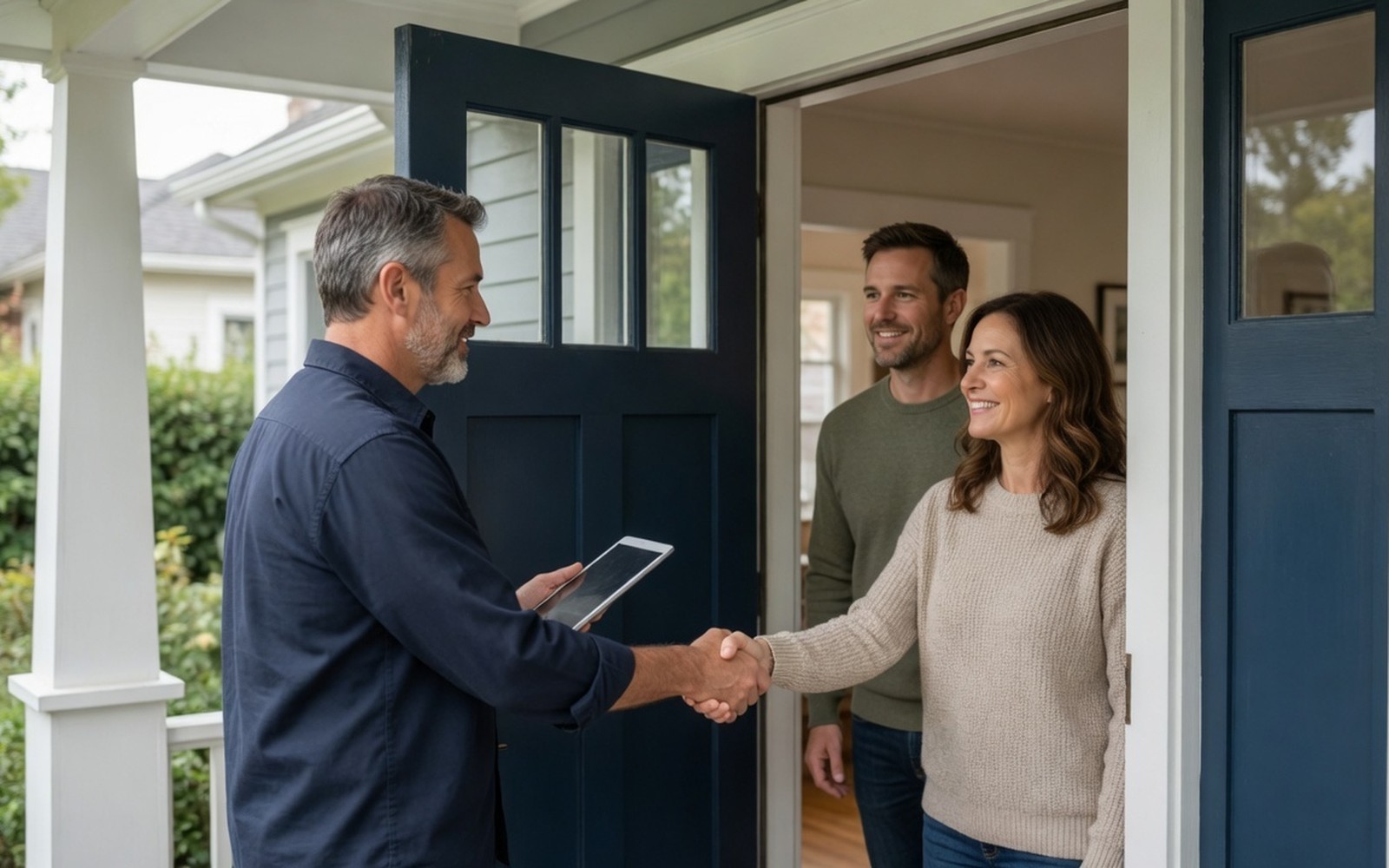 Inspector greeting a homeowner couple at the front door, tablet in hand