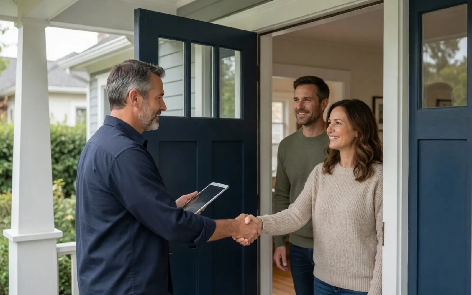Inspector greeting a homeowner couple at the front door, tablet in hand