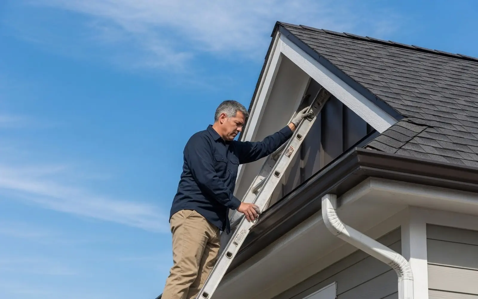 Inspector on a ladder at the roofline checking flashing and gutters, blue sky