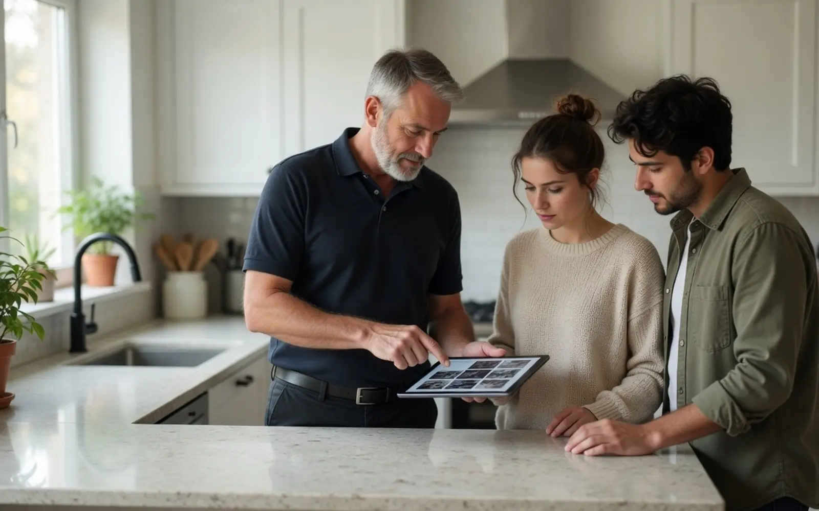 Inspector walking buyers through findings on a tablet at a kitchen counter