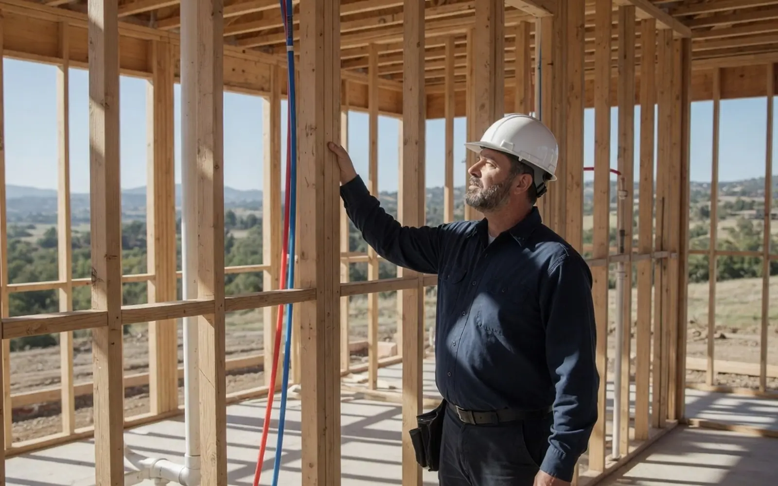 Inspector checking framing and rough plumbing in an unfinished new build