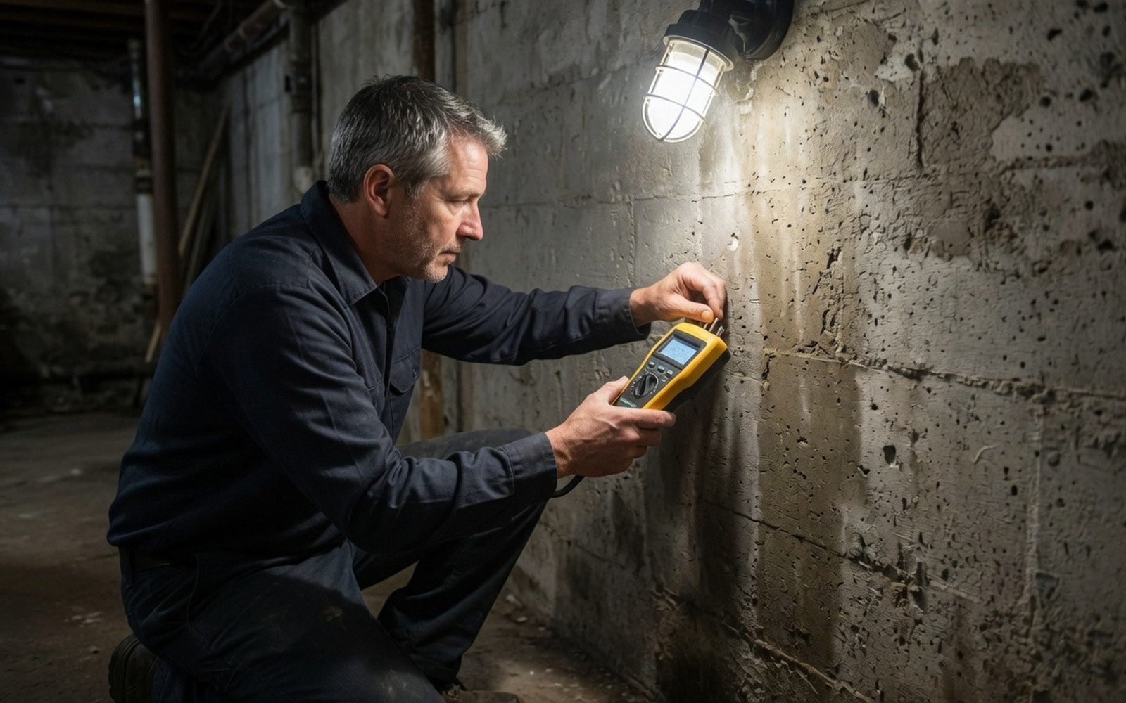 Technician taking a moisture reading at a basement wall, meter in hand
