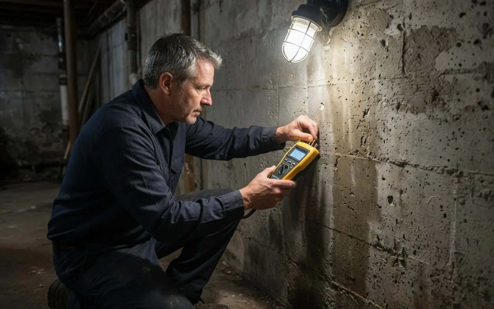Technician taking a moisture reading at a basement wall, meter in hand