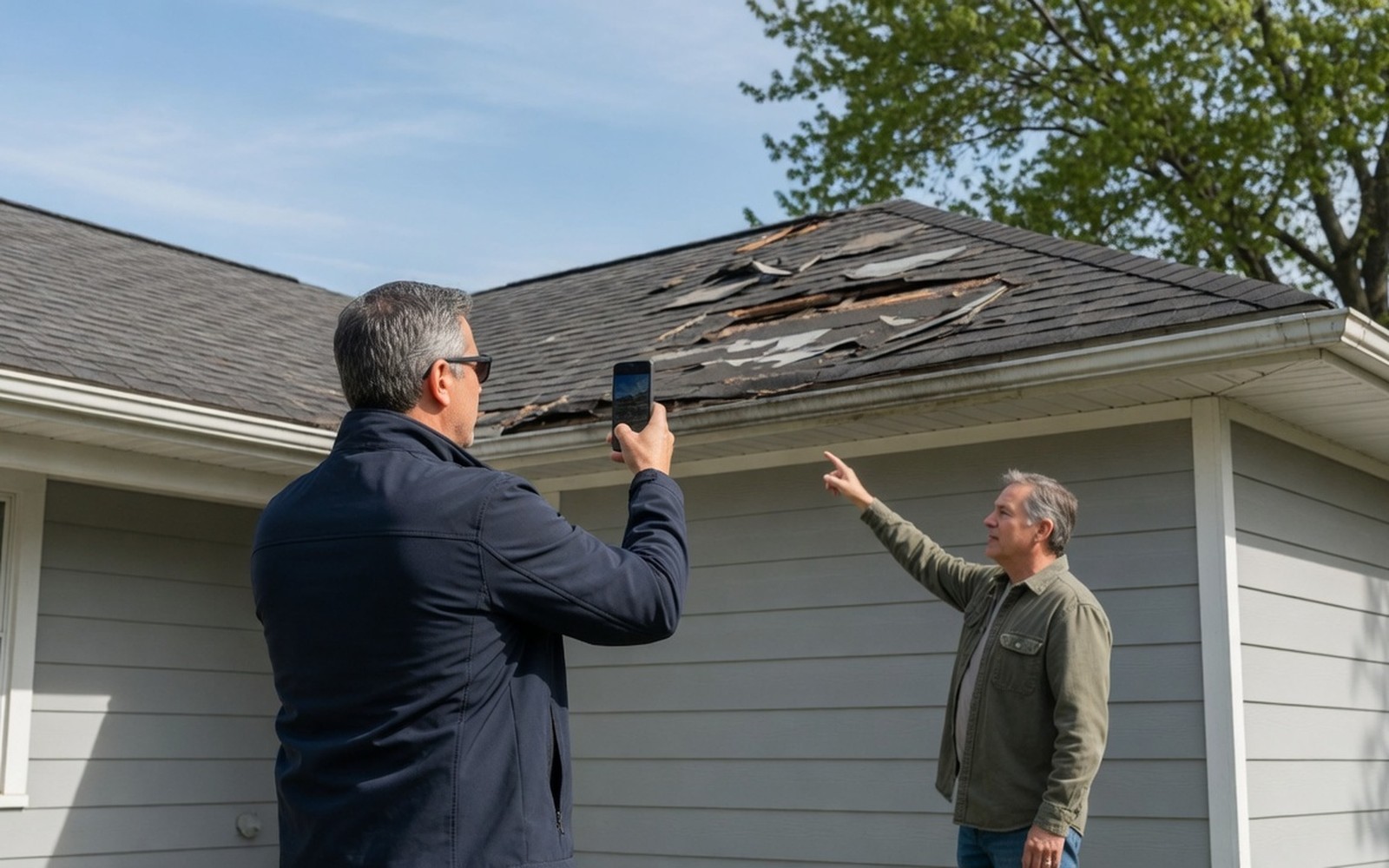 Adjuster in navy photographing minor roof damage while homeowner points, calm tone