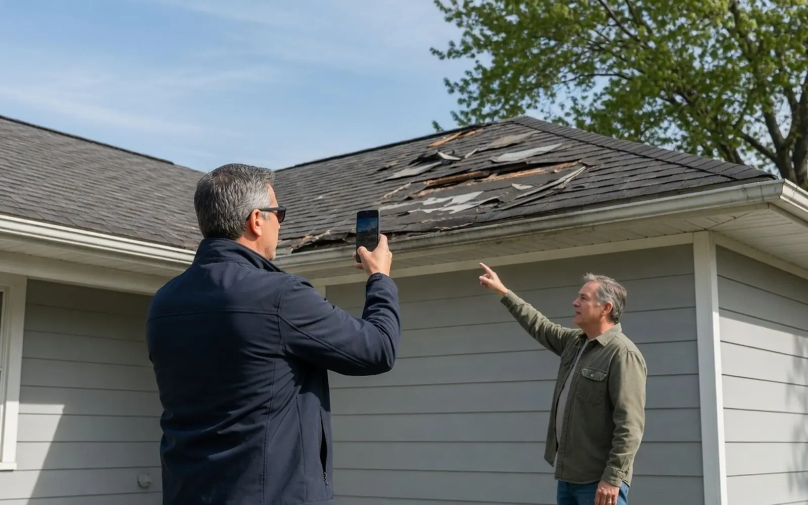 Adjuster in navy photographing minor roof damage while homeowner points, calm tone
