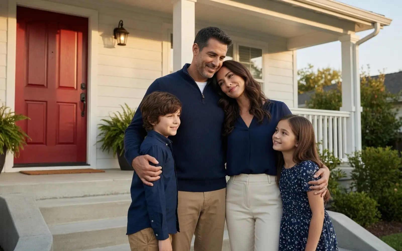 Family on the front steps of a tidy home, red door, protected and settled feel
