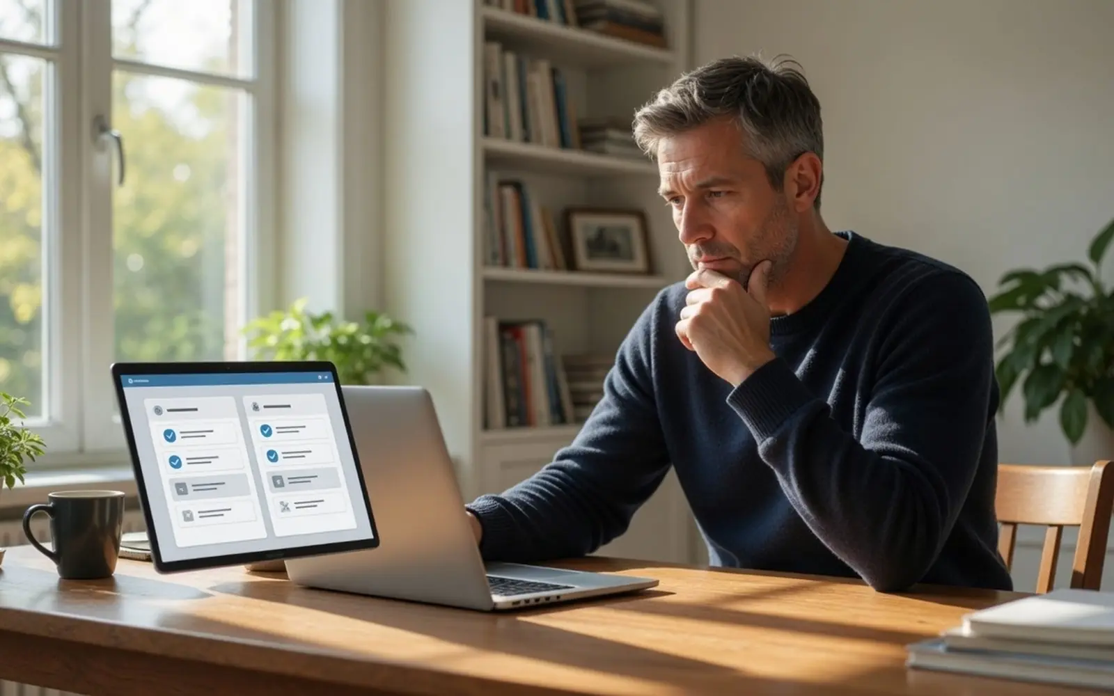 Homeowner comparing options on a laptop at a sunlit desk, thoughtful expression