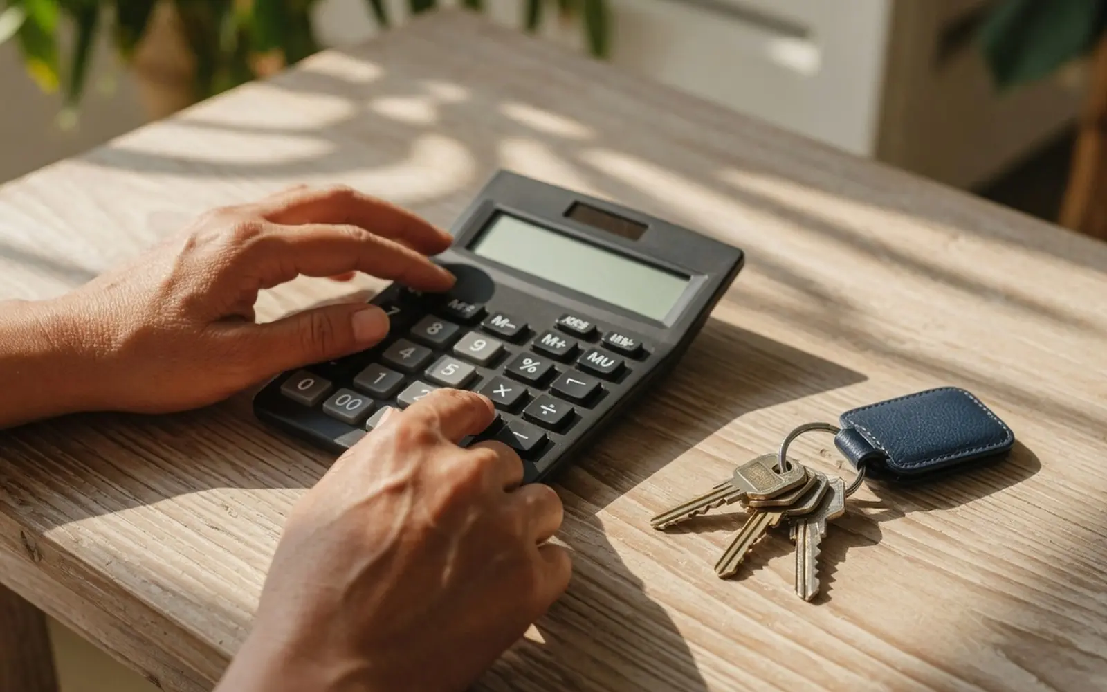 Close on hands with calculator beside house keys on a bright table