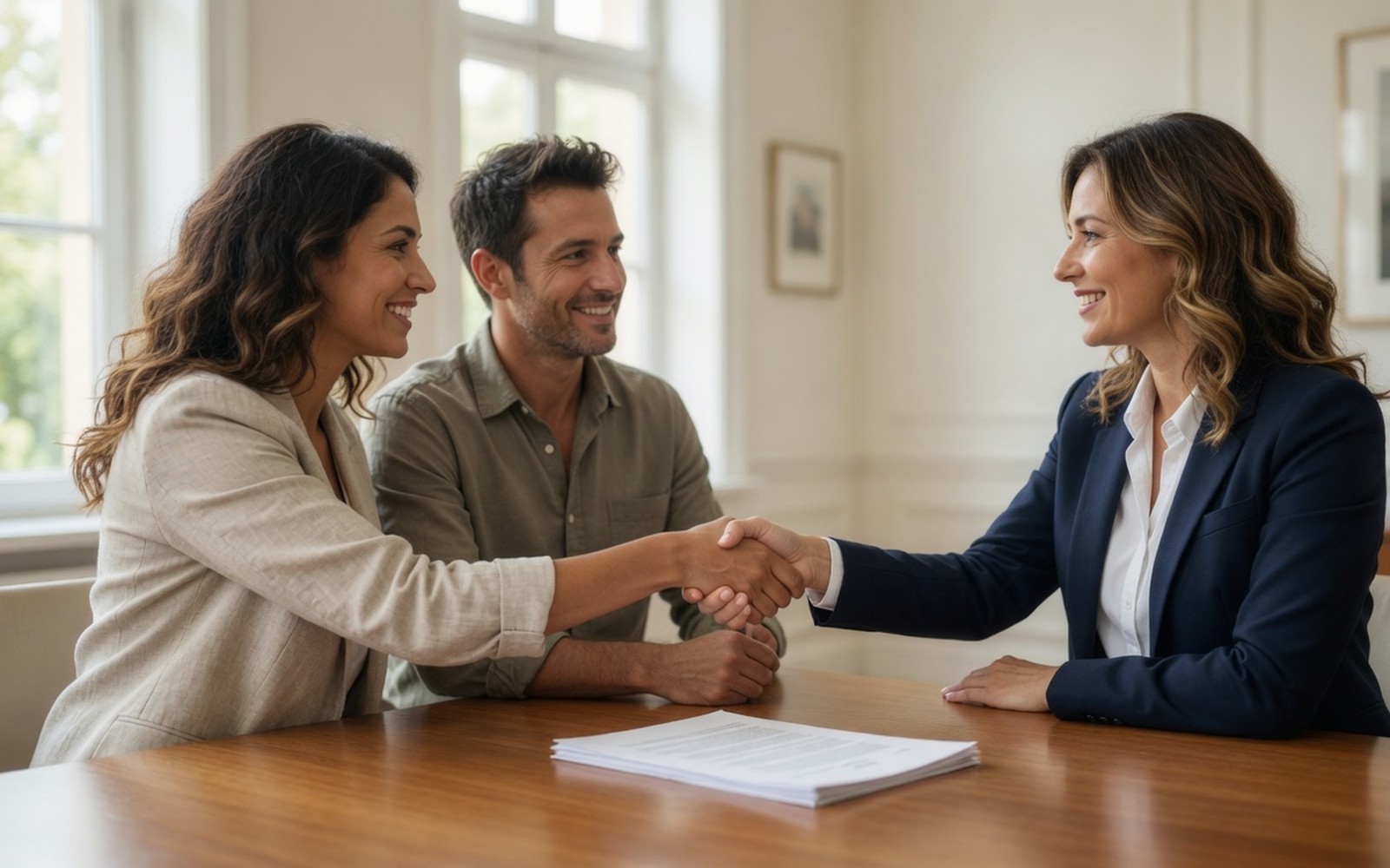 Couple receiving keys across a closing table, handshake, papers face down