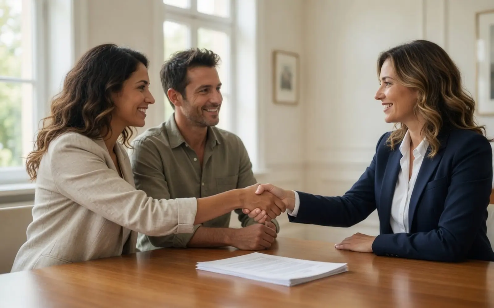 Couple receiving keys across a closing table, handshake, papers face down