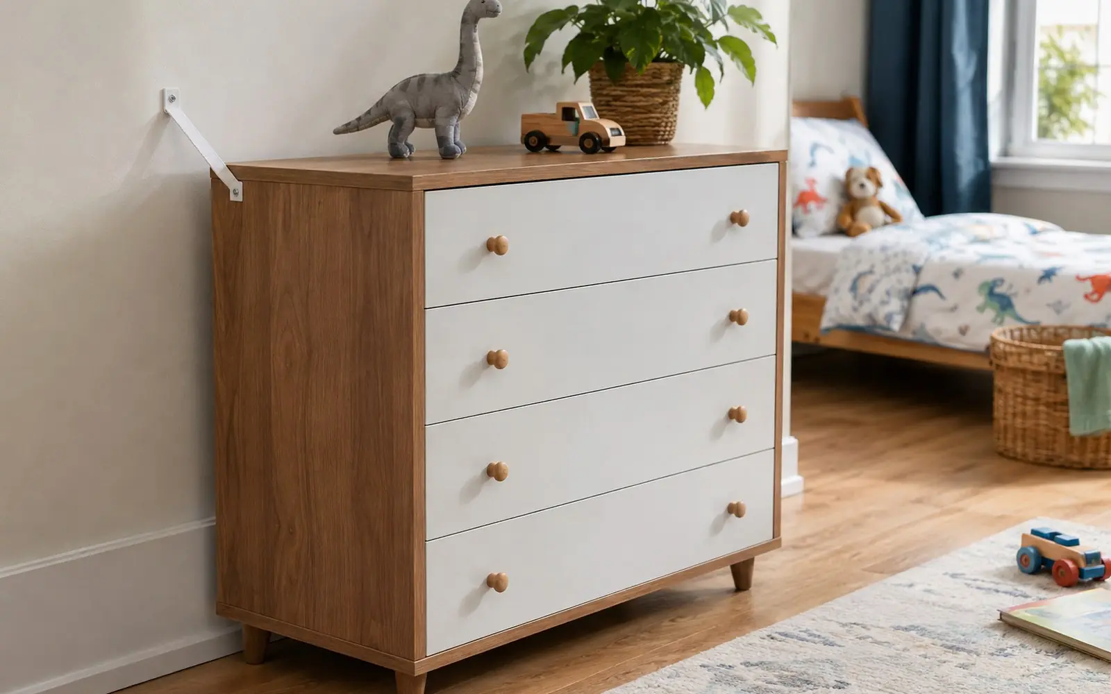 A low chest of drawers in a child's bedroom with an anti-tip strap running from the back of the unit to a wall stud, with drawers closed.