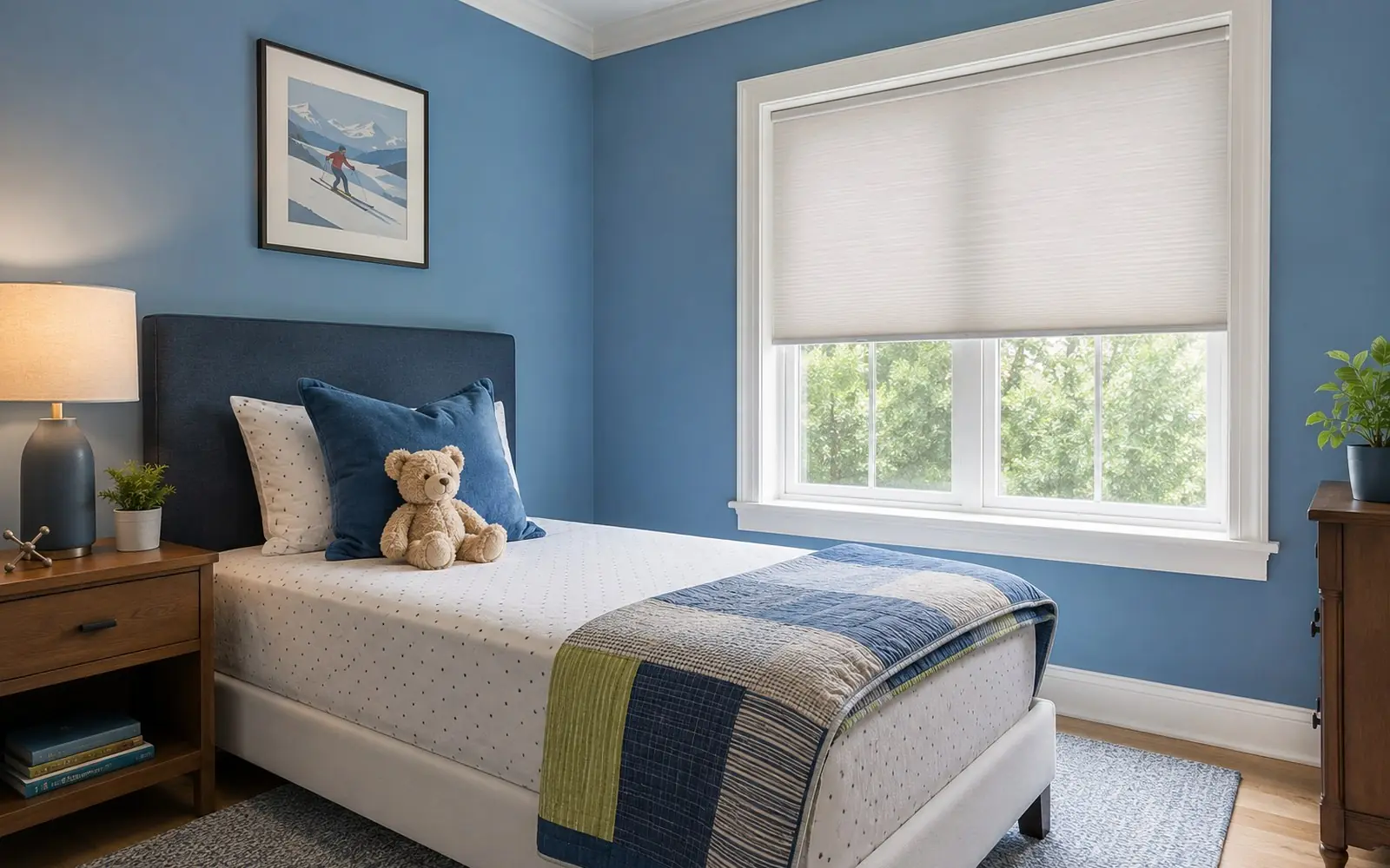 A twin bed in a child's bedroom with a fitted sheet pulled tight over the mattress and a folded quilt at the foot, beside a window with a cordless shade.