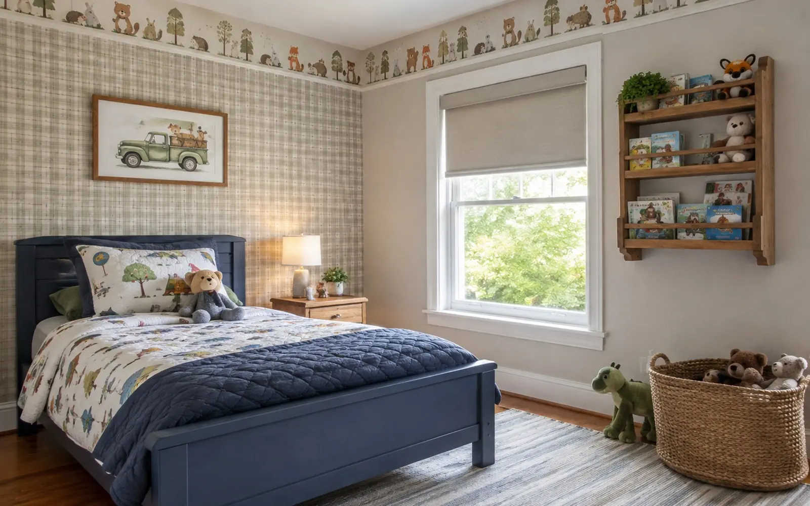 A child's themed bedroom with a patterned peel and stick feature wall, a character border near the ceiling, a low anchored bookshelf and a cordless roller shade.