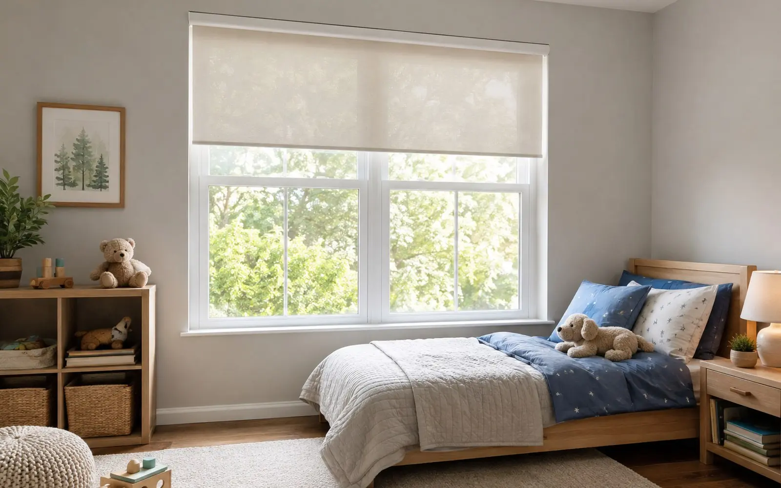 A child's bedroom window fitted with a cordless roller shade, with a low bed beside it and no hanging cords within reach.
