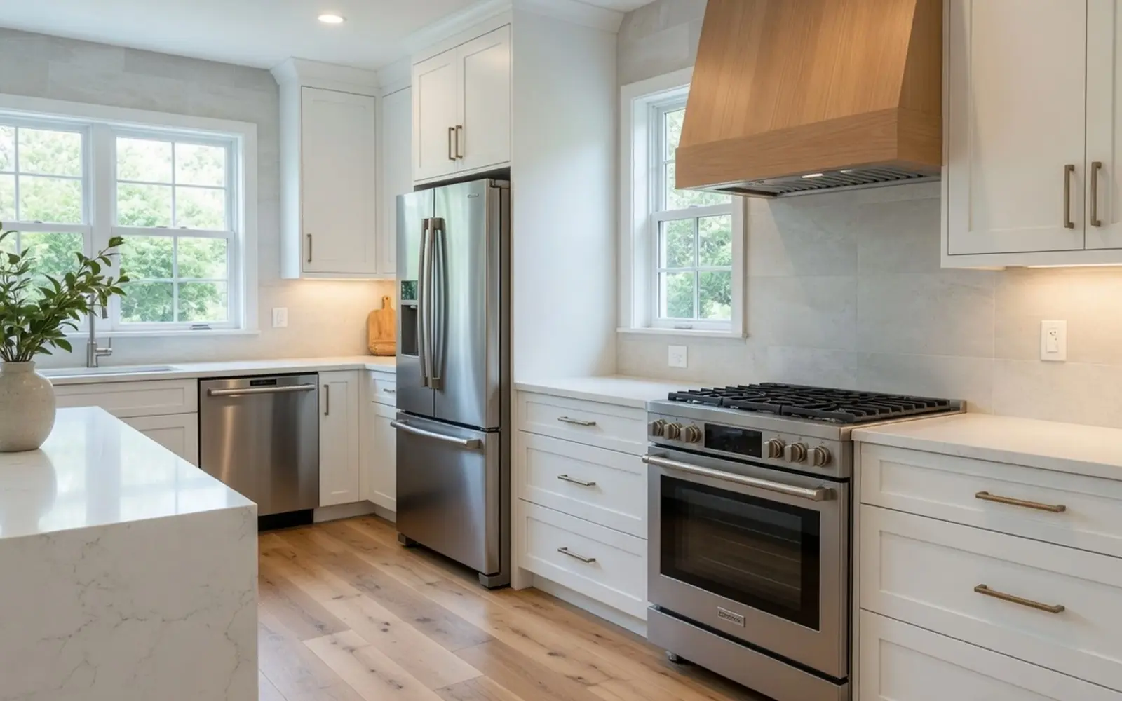 Stainless range, French-door fridge, and dishwasher suite in a finished kitchen