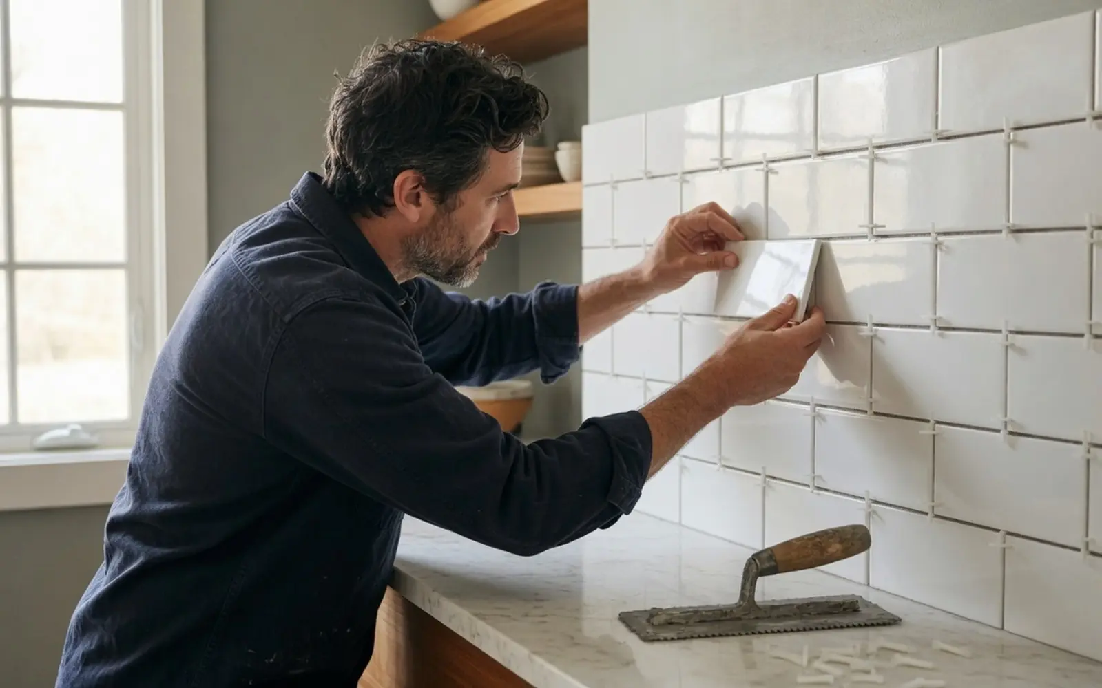 Tile setter placing glossy white subway backsplash tile above a counter
