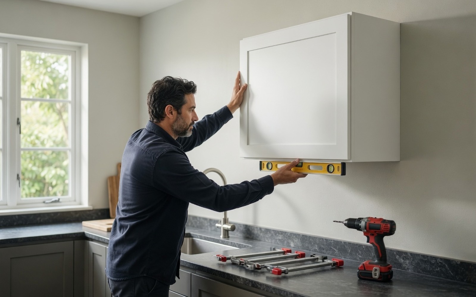 Installer leveling a white shaker upper cabinet, clamps and red drill nearby
