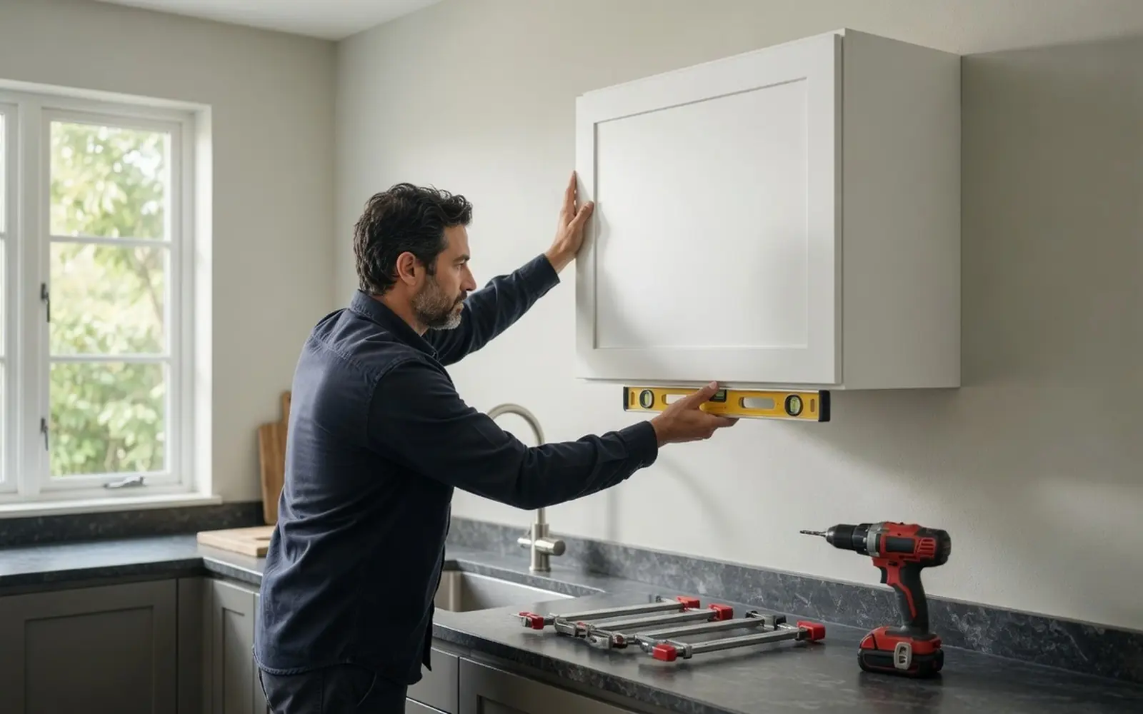 Installer leveling a white shaker upper cabinet, clamps and red drill nearby