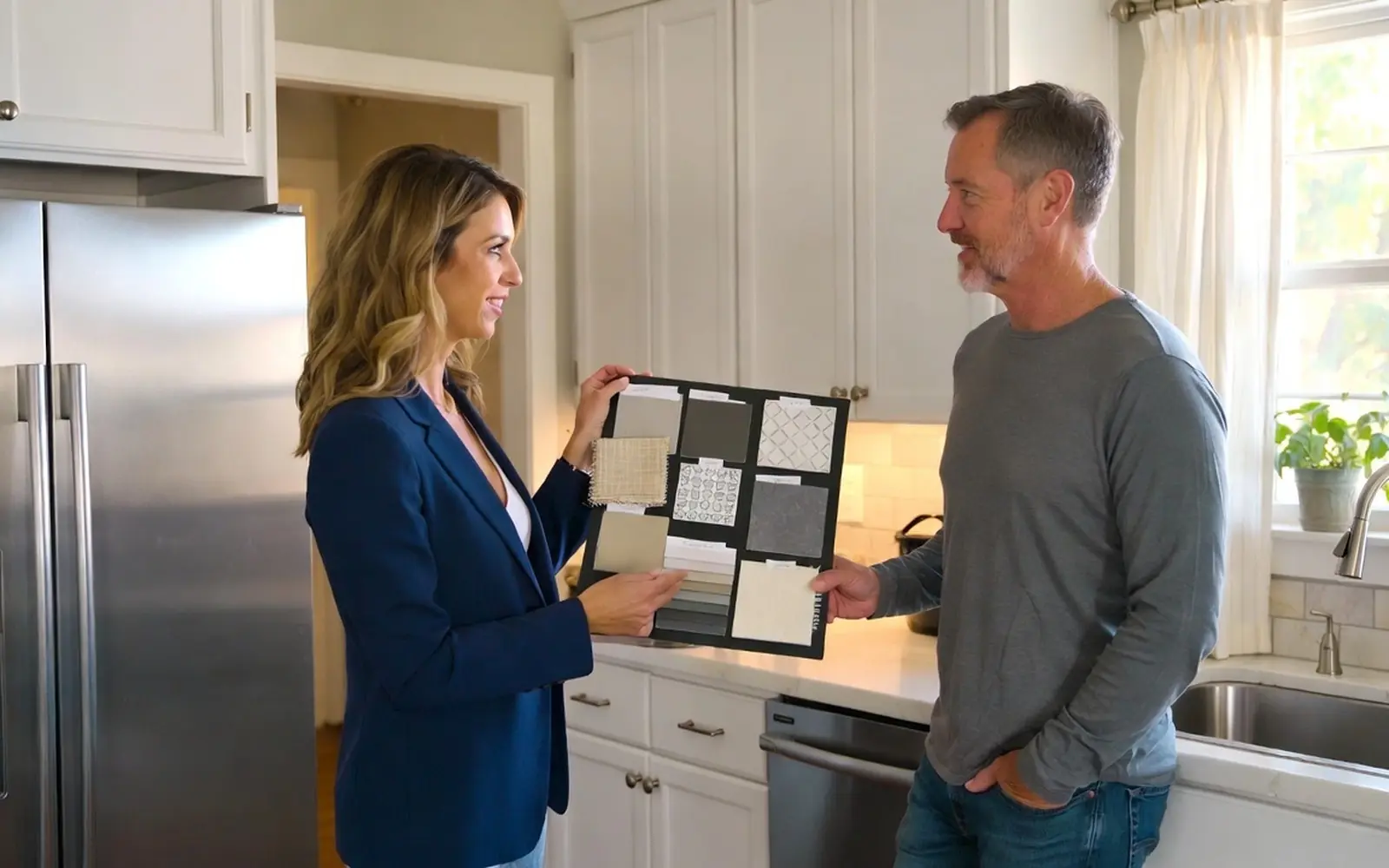 Designer and homeowner reviewing a finish board in the kitchen space