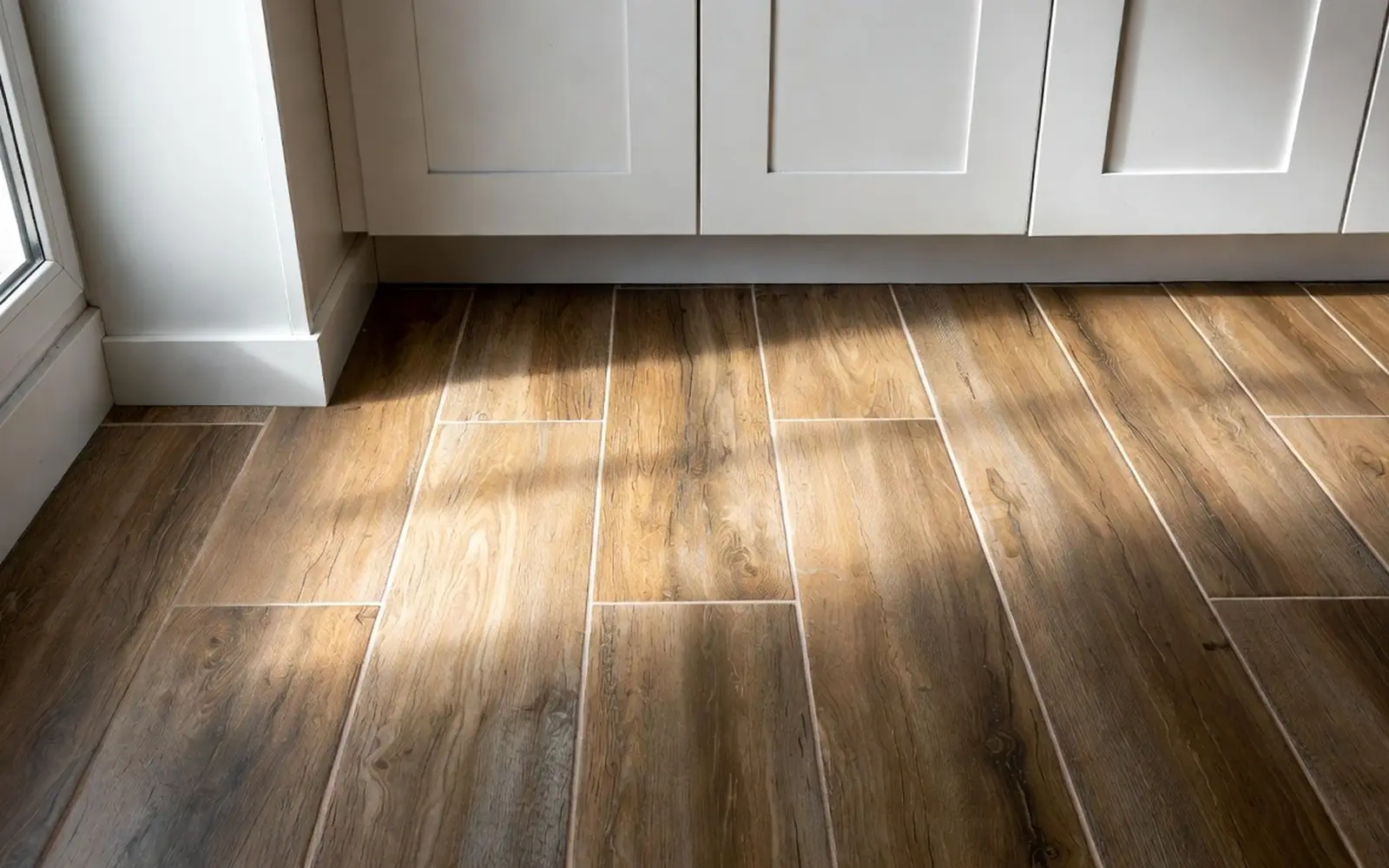 Wood-look tile floor meeting cabinet toe-kicks, texture in raking light