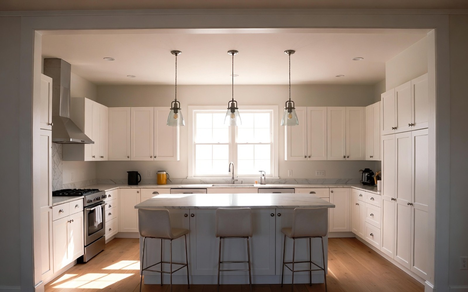 Glowing pendants over an island plus under-cabinet lighting at dusk-free daytime