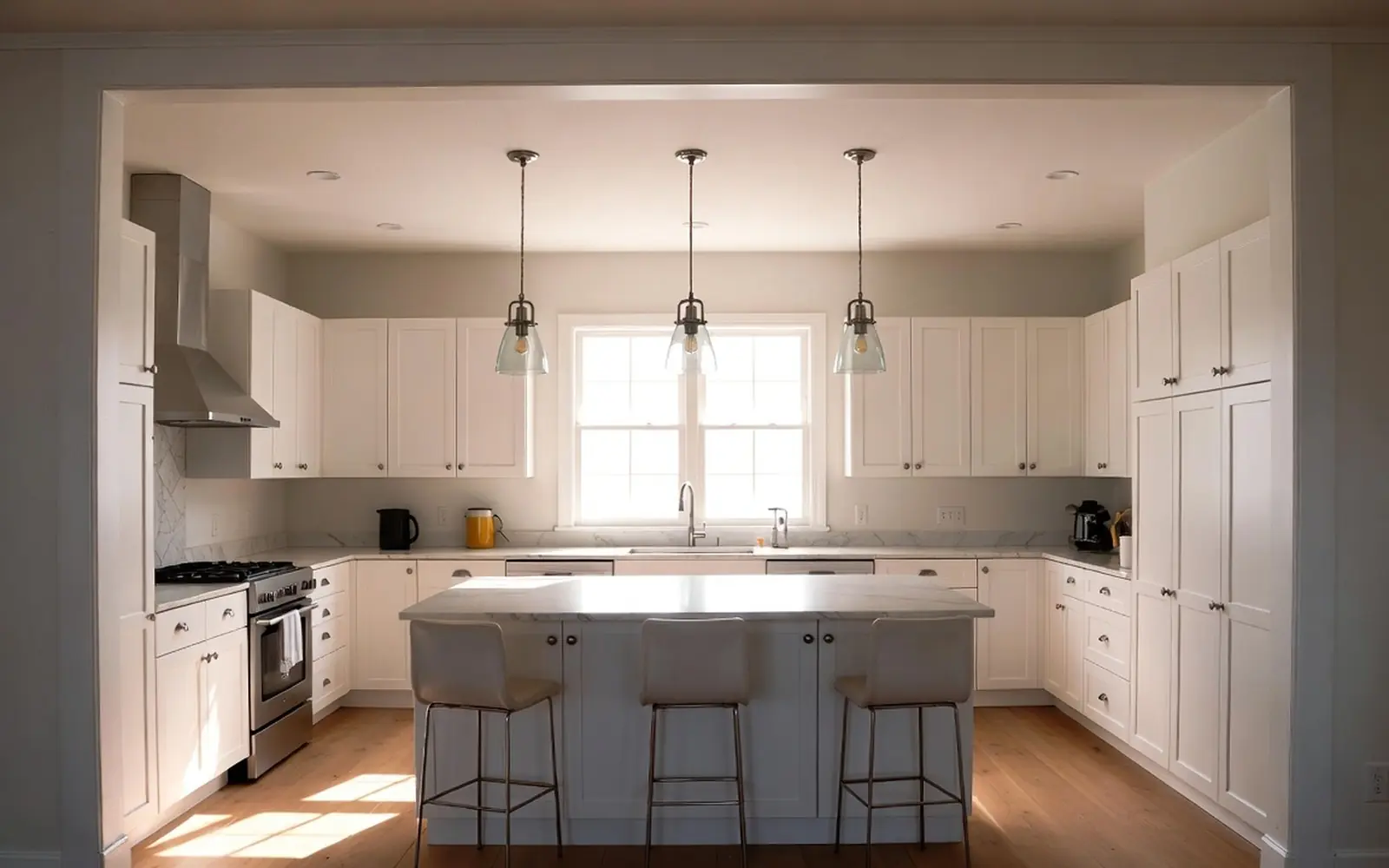 Glowing pendants over an island plus under-cabinet lighting at dusk-free daytime