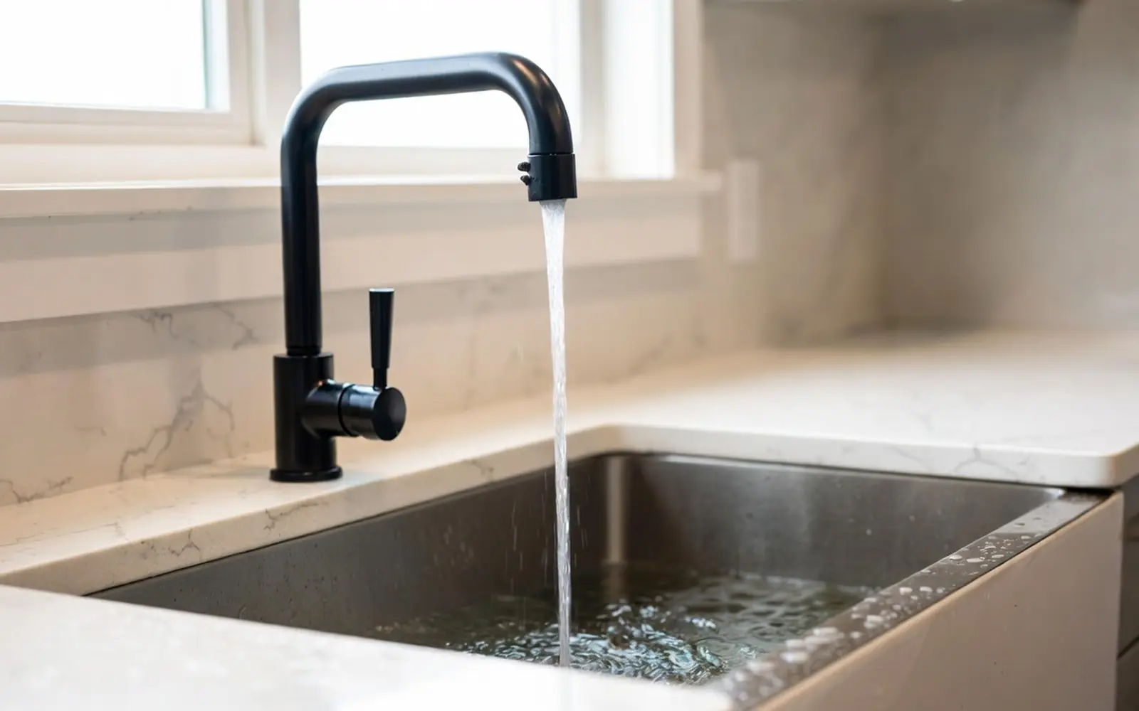Close on a farmhouse sink with a matte black pull-down faucet, water running