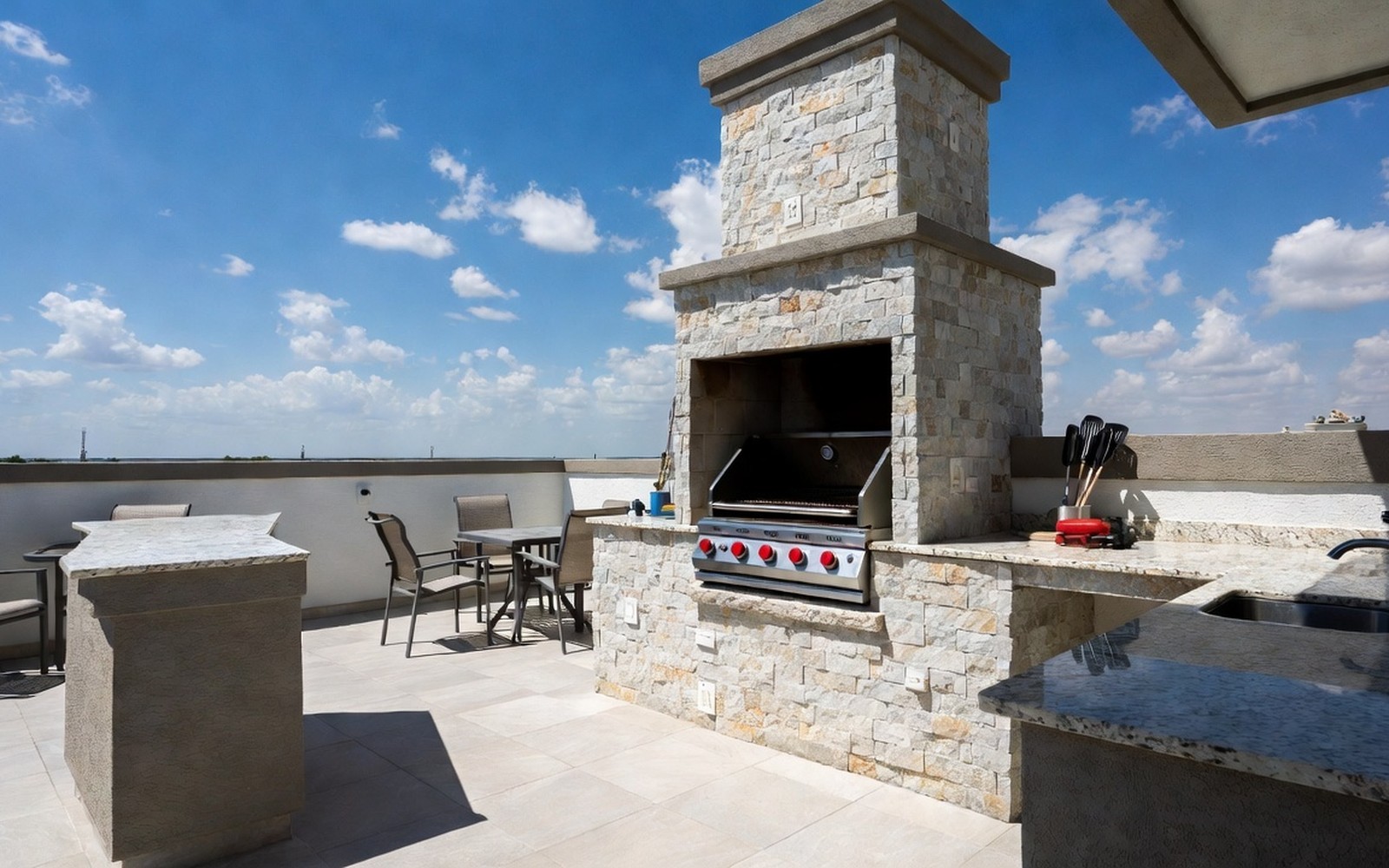 Built-in grill island with stone veneer on a sunny patio, prep counter, blue sky