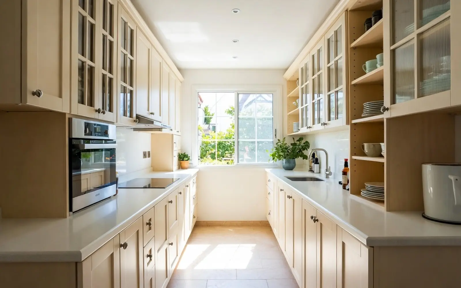 Compact galley kitchen made bright: light cabinets, open shelving, smart storage