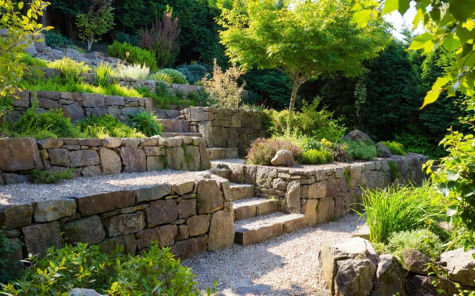 Terraced backyard with stone retaining walls, plantings, and a gravel path, designed feel