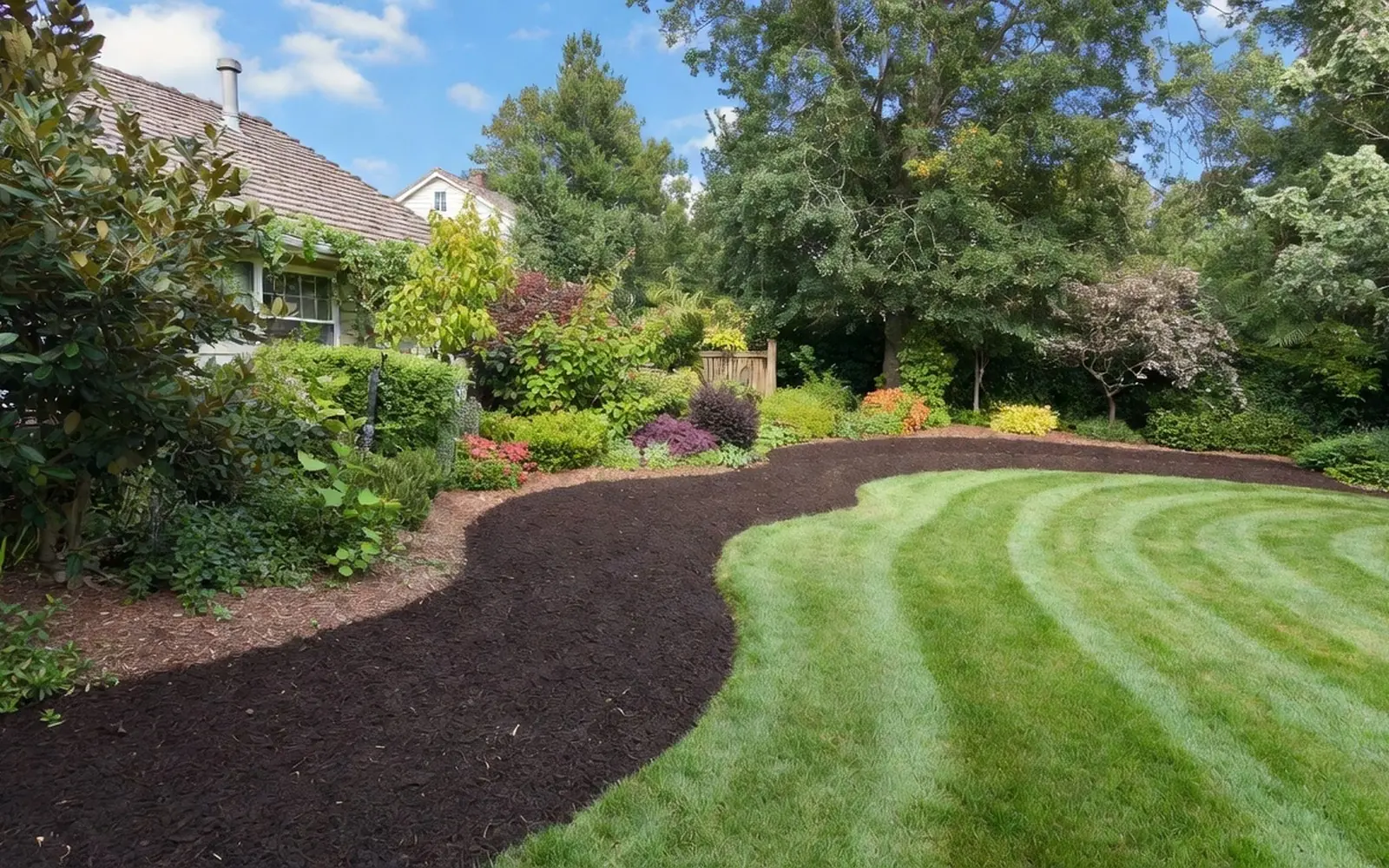 Layered front-yard planting: shrubs, perennials, fresh mulch, striped lawn